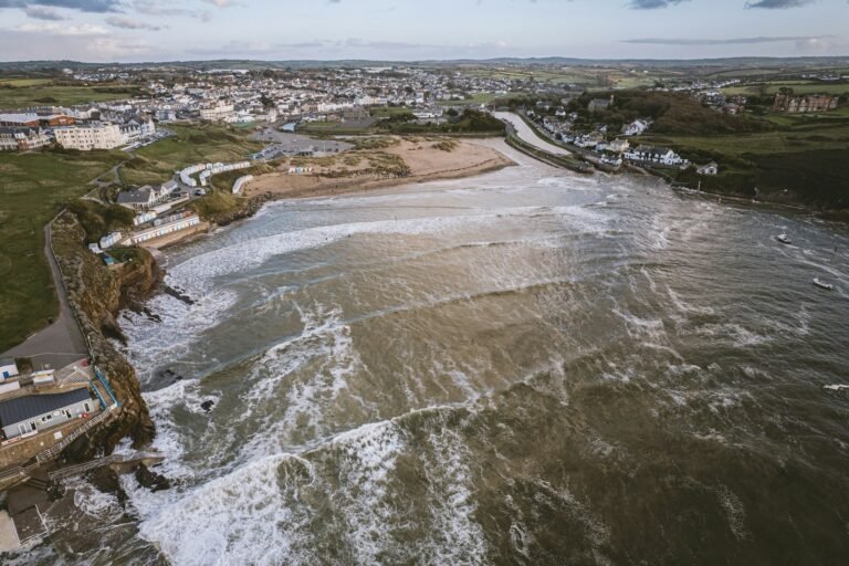 Aerial view of Summerleaze Beach and the town of Bude on the North Cornwall coast